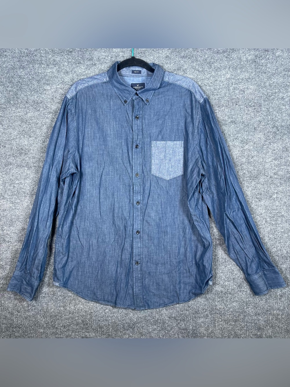 American Eagle Mens XL Prep Fit Chambray Blue Color Block Button Down  Western